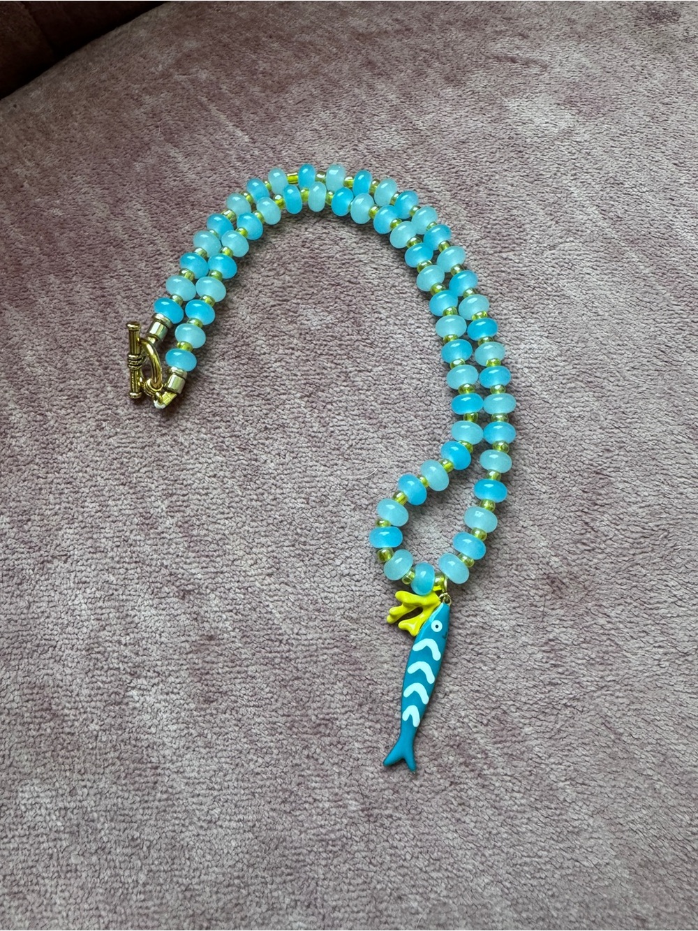 Handmade Turquoise Glass Bead Necklace with Fish Pendant